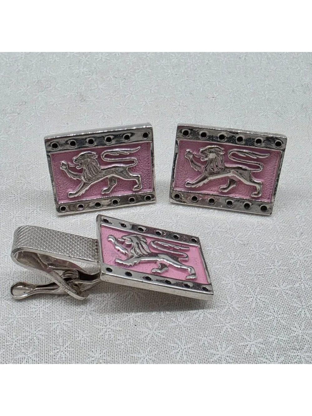 Silver & Pink Lion Cufflinks & Tie Clip Set Vintage
